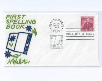 Spelling - Noah Webster Commemorative 4c Stamp on Velvatone First Day Issue Cachet, Unaddressed, West Hartford, Conn 1958