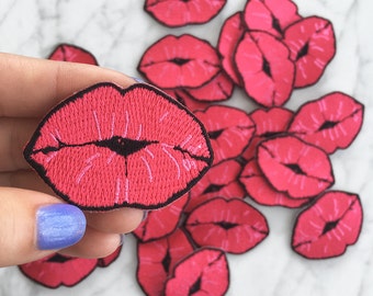 Lip Patch - Iron-On - Kiss - Embroidered Applique - Hot Pink