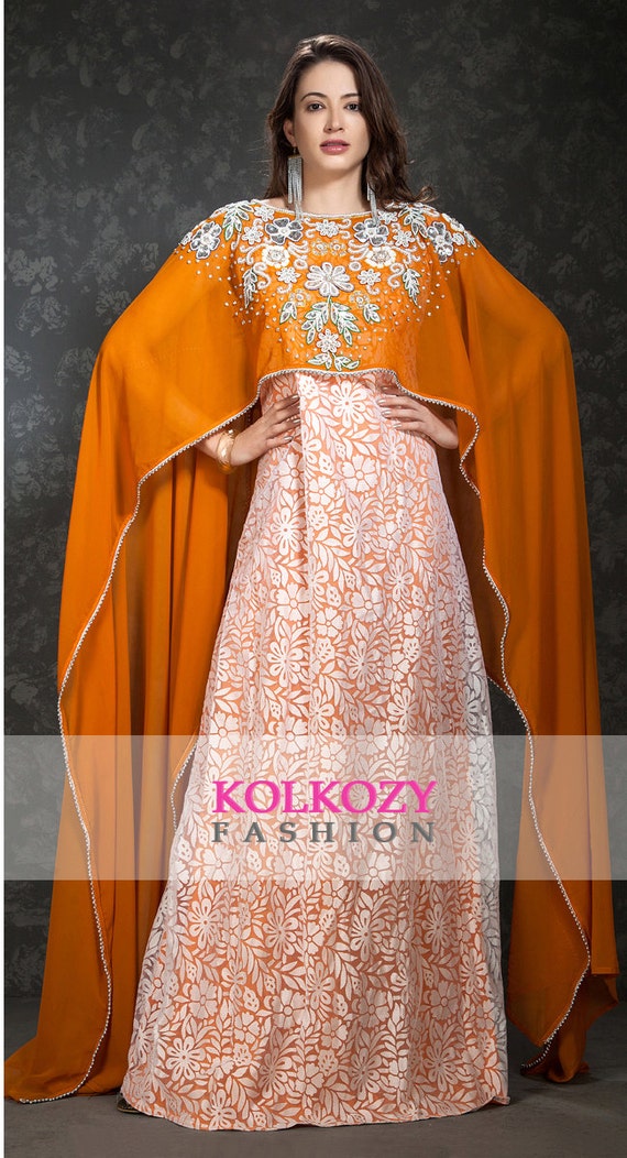 Orange Yellow White Color Kaftan Dress Modern by KolkozyShop