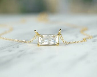 Simple Gold Necklace, Gold Filled Necklace, Emerald Cut Necklace, CZ Necklace, Dainty Gold Necklace, Bridesmaid Gift, Bridal Necklace