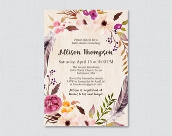 Boho Baby Shower Invitation Printable or Printed - Bohemian Baby Shower Invites, Feathers & Flower Rustic Gender Neutral Shower Invite 0043