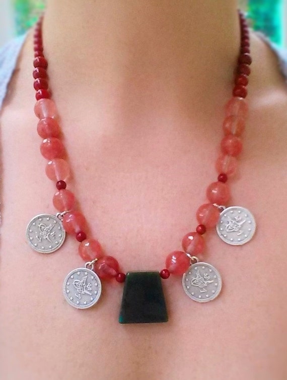 Beaded necklace with Turkish style coin charm // by BanSisDesign