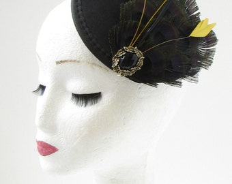 Black Gold Feather Fascinator Headpiece Hair Clip Races Vintage 1920s Hat 9AJ