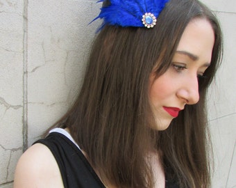 Blue Black Feather Fascinator Headpiece Vintage Silver Hair Clip Races Net Y82