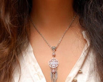 Pink feather pendant, silver dream catcher necklace, hippie boho necklace, flower festival jewelry