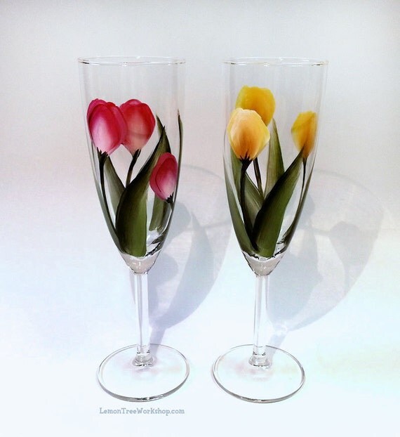 Hand Painted Tulip Champagne Flutes Set Of 2