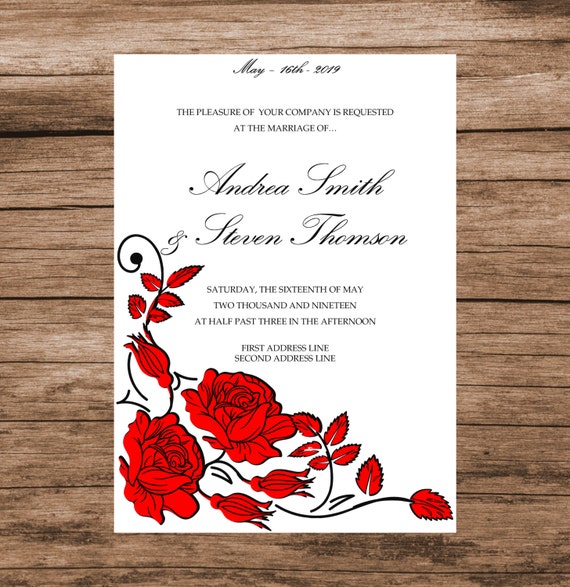 letter invitation y Card Red Wedding DIY Invitation Roses Template Invitation