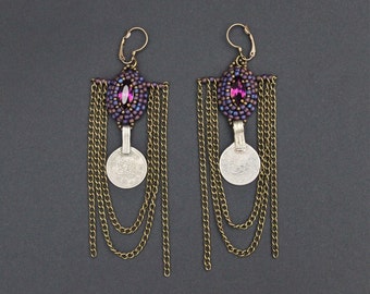 Coin tribal fusion earrings, embroidered seed beads earrings, purple cabochon earrings, bronze small chains, long earrings