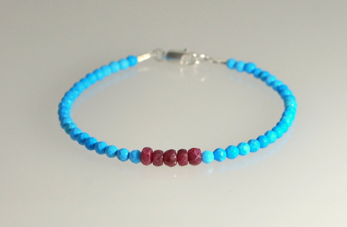 Turquoise & Ruby Gemstone Bracelet Sterling Silver or Gold