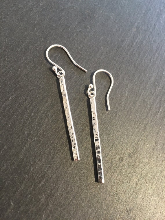 Silver Bar Dangle Earrings Handmade Hammered Silver Bar
