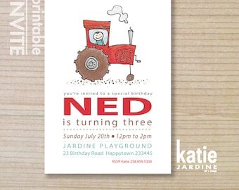 red tractor - kids invitation - boys invitation - little farmer - childrens invitation - printable invitation - farm tractor