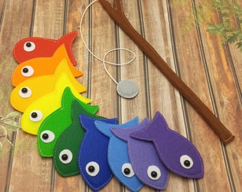 Rainbow Felt Magnetic Fishing Game, Kids Magnet Fishing Set, Eco friendly game for imaginative play, felt fish, rainbow fish, quiet toy