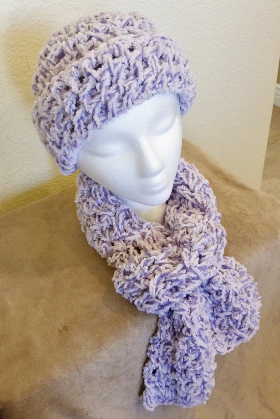 Woman's Chenille Crochet Scarf and Hat set. by DesignedbyBrendaH