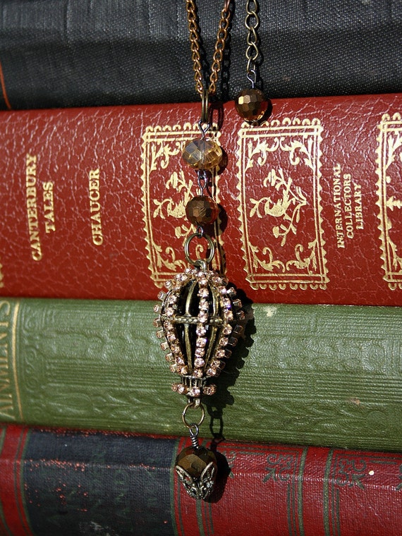 Hot air balloon necklace gold rhinstone chain steampunk style 3D pendant necklace by SaqqaraLilyDesigns steampunk buy now online