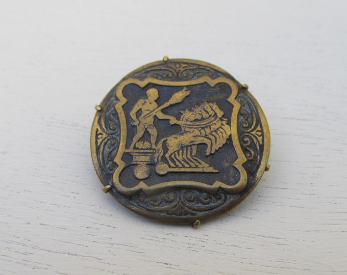 Antique brass Roman chariot brooch, antique brass pin, deeds of Hercules, halting the horses of Mars