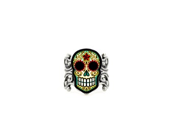 Day of the Dead Filigree Sugar Skull Ring in an Antiqued Silver Finish - Adjustable Band