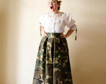 Camouflage Maxi Skirt, High Waist Cotton Full Skirt, Camo Long Skirt with Pockets