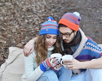 Knitted Two Hats, His and Her maching Beanies, Valentines Gift, Couples Gift, Colorful Beanies, Sports Beanies, Merino wool cap, Funny caps