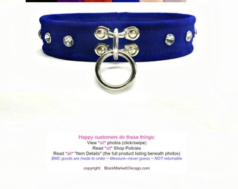 BDSM Collar Single Ring RHINESTONE Riveted SUEDE Leather in Royal Blue, Black, Red, Purple, White, Lilac, Baby Pink Lockable