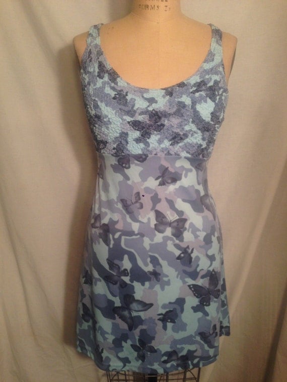 Vintage 90s Misses Blue Camo Butterfly Tank Dress by Rocket Candy Size S d56