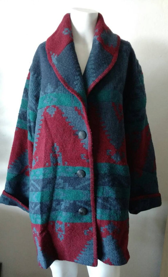 Vtg Eddie Bauer Wool Blanket Jacket Coat Navajo Native