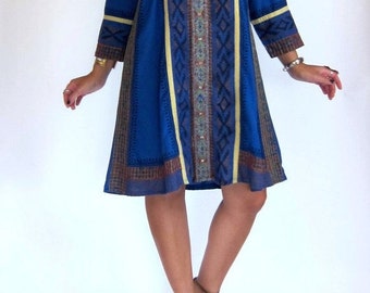 Vintage 70s Ethnic Blue Indian Boho Festival Shift Dress