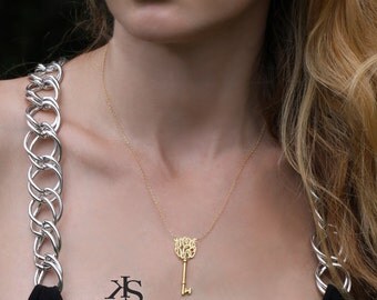 10K, 14K or 18K Solid gold or Sterling Silver - Monogrammed key Necklace with in Yellow Gold or Rose Gold - Personalized Key Necklace