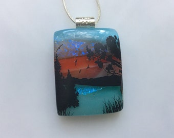 Dichroic Glass Scenic Pendant, Fused Glass Jewelry, Nature Lakeside Landscape Necklace