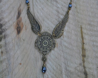 Winged steampunk necklace, black crystal steampunk necklace, steampunk watch necklace, Steampunk jewelry with wings bronze