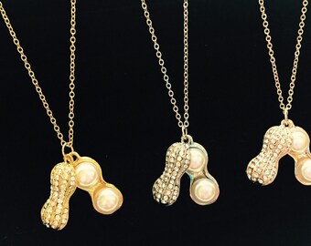 Peanut shell encrusted with crystal rhinestone and pearl necklace pendant