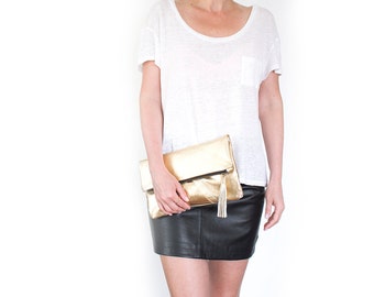 SALE - Gold Leather Clutch, Metallic Fold Over Clutch, Stylish Party Purse, Gold Bridal Clutch, Gold Party Clutch, Gold Handbag