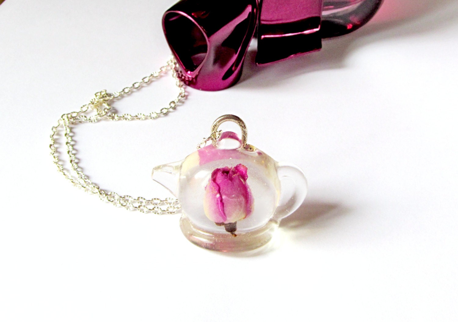 Feminine jewelry pot necklace Rose in teapot necklace
