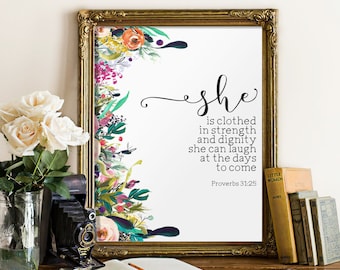 Nursery bible verse art print, She is clothed in strength and dignity, Proverbs 31:25, Scripture art print Nursery wall art Christian BD-573