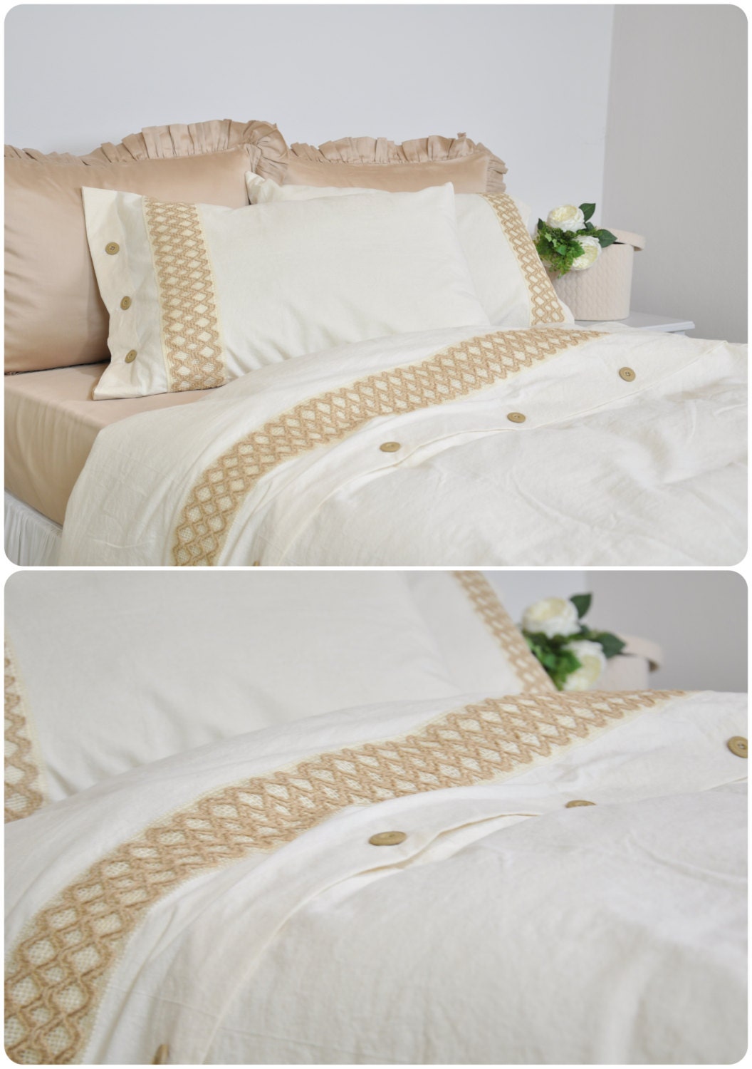 Lace Bordered Duvet Cover Set in Cream Camel Beige Full