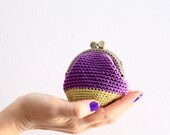 Purple coin purse, crochet coin purse, retro coin purse, kiss lock coin purse, the Purple Keeper, in purple and golden