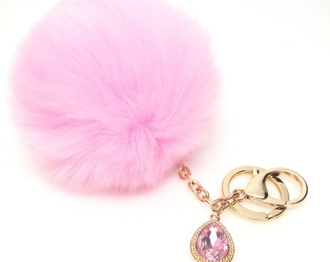 NEW! Faux Rabbit Fur Pom Pom bag Keyring keychain artificial fur puff ball in True Pink Crystals Collection