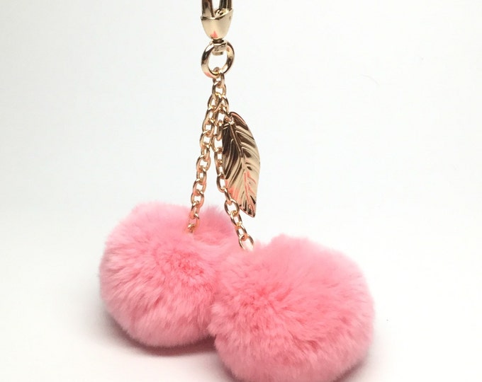 SUMMER SALE New! Pink CHERRY pom pom keychain rex rabbit fur pompon unique bag charm fur ball keyring