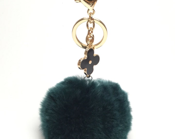 Emerald fur pom pom keychain REX Rabbit fur pom pom ball with flower bag charm