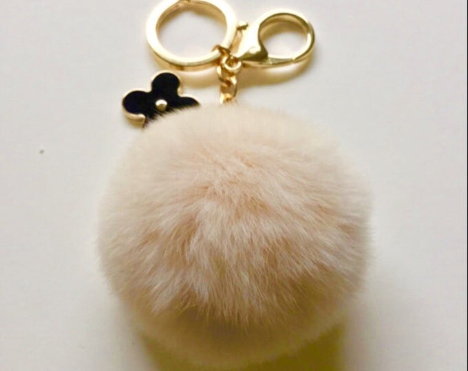 Cream fur pom pom keychain REX Rabbit fur pom pom ball with flower bag charm
