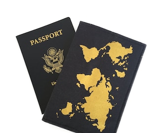 WORLD MAP Passport holder, GOLD world map, Passport case, passport cover Travel print, gold and navy, screen print, gold passport