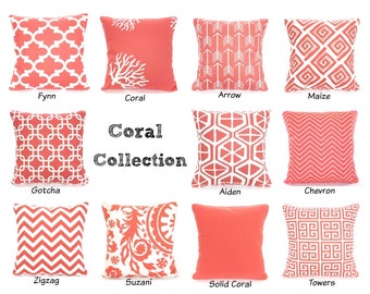 Coral Throw Pillow Covers, Decorative Throw Pillows, Cushion Covers, Coral on White Chevron Home Decor One or More Mix & Match All Sizes