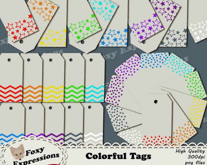 Colorful Tags clipart pack comes in shades of red, orange, yellow, green, blue, purple, gray, white in designs of stars,polka dots & chevron