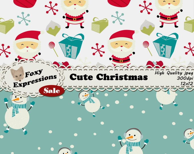 Cute Christmas digital paper pack comes in festive designs including Santa, snowman, tree, ornaments, snowflakes, gifts, wreath & candy cane