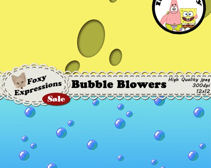 Bubble Blowers digital paper pack inspired by Nickelodeons Spongebob. Designs include sponge, patricks pants, jelly fish, bubbles and more.
