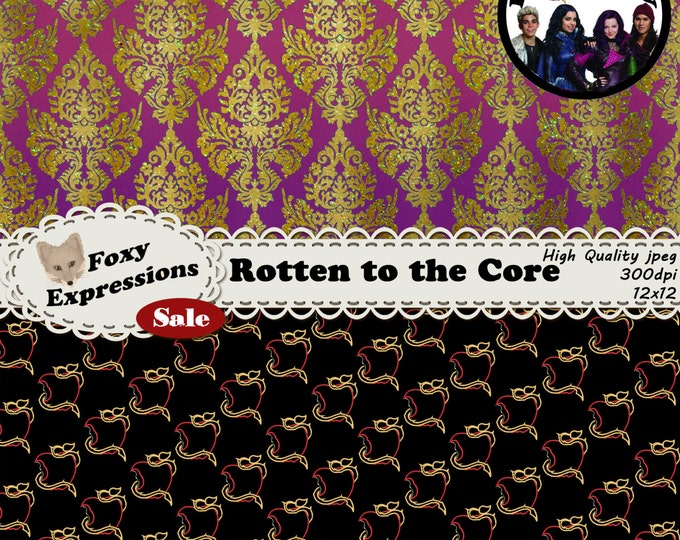 Rotten to the Core digital paper inspired by Disney Descendants. Designs include flames, thorn roses, plus Mal, Evie, Jay and Carlos symbols