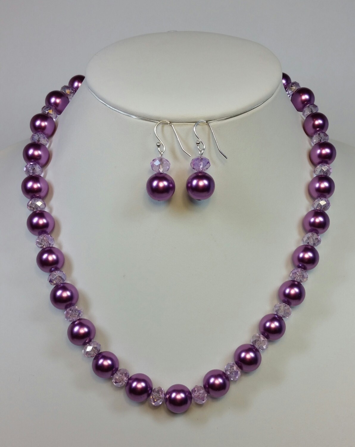 20 Inch Purple Pearl and Crystal Necklace and Earring Set