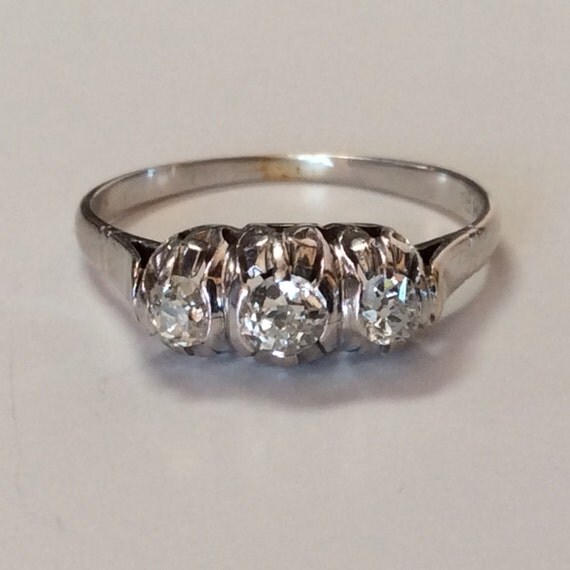 ON SALE  Antique 3 Stone Victorian  Diamond and 18k White Gold