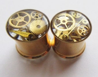 Gold Cog Plugs 8mm / 0g, 10mm / 00 gauge, 12mm / 1/2" Steampunk Tunnels, Gears Watch Parts Metallic, Unique Unusual Ear Plugs READY TO SHIP
