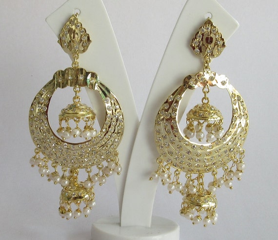 Gold Jadau Double Jhumki Jhumka Pearl Earrings by Beauteshoppe