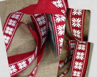 New Red & White Snowflake Ribbon 1-1/2" Wired Fabric Ribbon, Christmas Snowflakes Ribbon